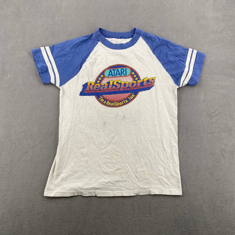 Vintage 80s Atari RealSports T Shirt Raglan Ringer Blue White Video Game 8882